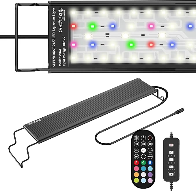 24/7 LED Aquarium Light with Remote for 18-24 Inch Plant & Fish Tank IP68, 12-Color & Gradient & Full Spectrum Light with Timer, Auto On/Off, Brightness, Extendable Brackets for Freshwater