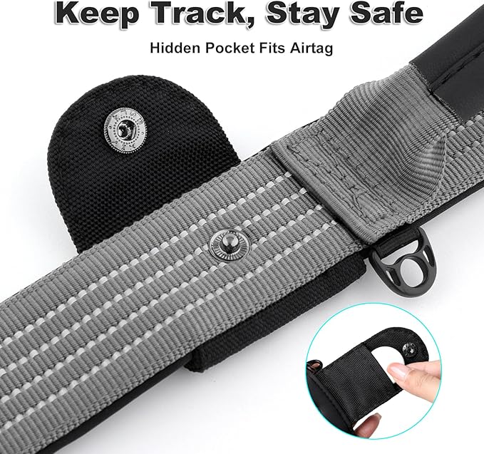 Plutus Pet Tactical Dog Collar with Tracker Pocket for AirTag, Adjustable Reflective Nylon Collar, Metal Buckle, Leather-Wrapped Handle, Soft Padded for Medium Large Dogs (Gray, L)