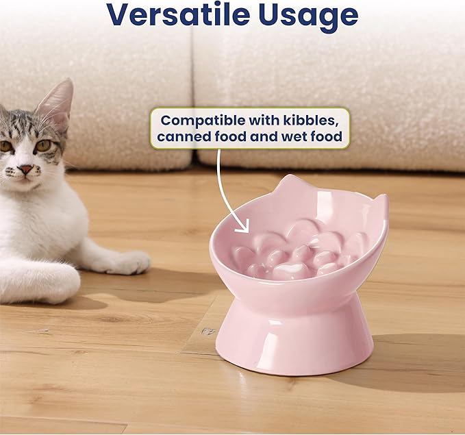 PawsPik Lynx Ceramic Raised Slow Feeder Dog & Cat Bowl, Tilted 15° Elevated Pet Food Bowl, Whisker-Friendly Anti-Choking Dish, Dishwasher Safe (Quartz Pink)