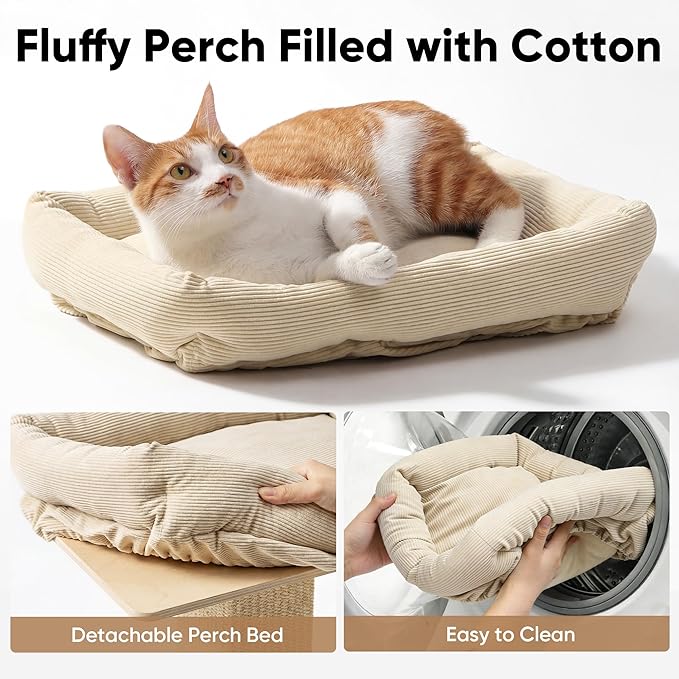 FUKUMARU Cat Scratching Post, Modern Style Tall Scratch Posts with Perch for Infoor Cats Adults, Large Cat Scratcher Tower with Bed, Small Tree with Raised Stand, Natural Sisal & Solid Wood
