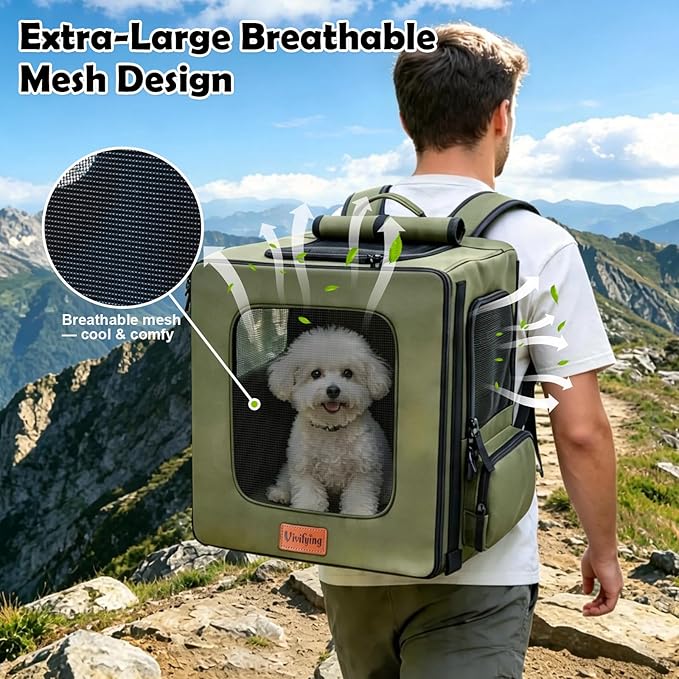 Vivifying Pet Carrier Backpack for Cats and Small Dogs up to 18 lb, Breathable Pet Backpack for Travel, Vet Visits and Hiking, with Sunshade, Locking Zippers, Thickened Bottom Support (Military Green)