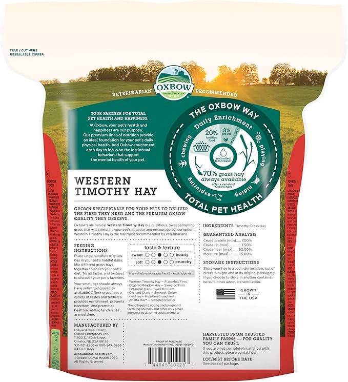 Oxbow Timothy Hay, Rabbit & Guinea Pig Hay, High Fiber for Digestive Health, Grown in the USA, Veterinarian Recommended Small Pet Supplies, for Rabbits, Guinea Pigs, & Chinchillas, 15 oz.