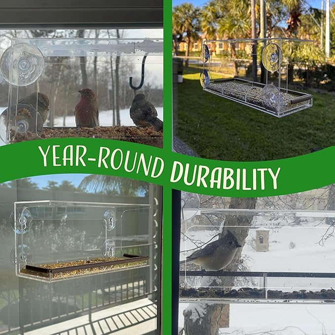 Clear Window Bird Feeder - Sturdy & Easy to Install with Strong Suction Cups-Detachable Design for Effortless Cleaning-Perfect Wildlife Watching by Cats, Kids & Elderly-Window Bird Feeders for Outside