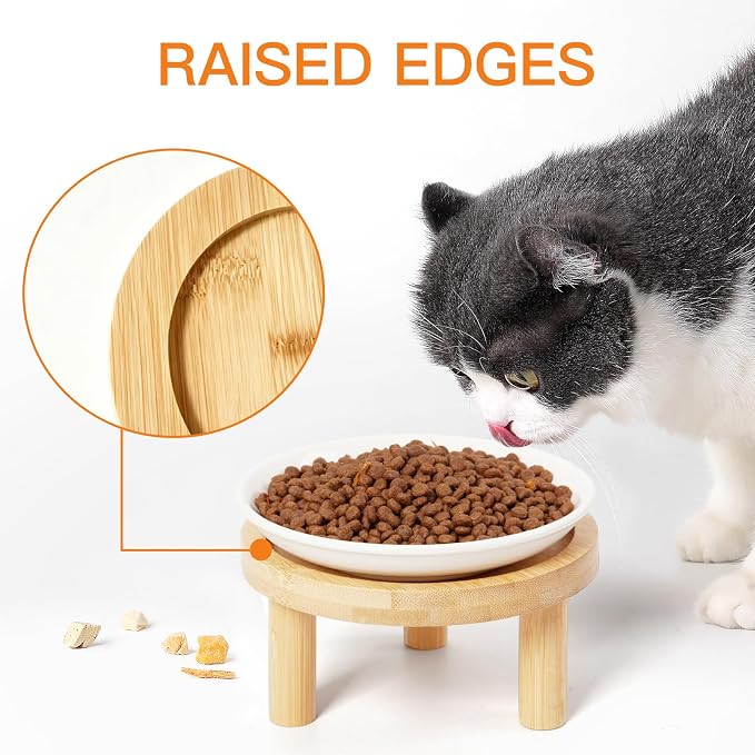 Shallow Elevated Cat Bowls, 2, White (Fish Bone), Bamboo Stand | 5.9 Inch Wide, Ceramic Dishes, Whisker Friendly, Raised Pet Food, Adjustable