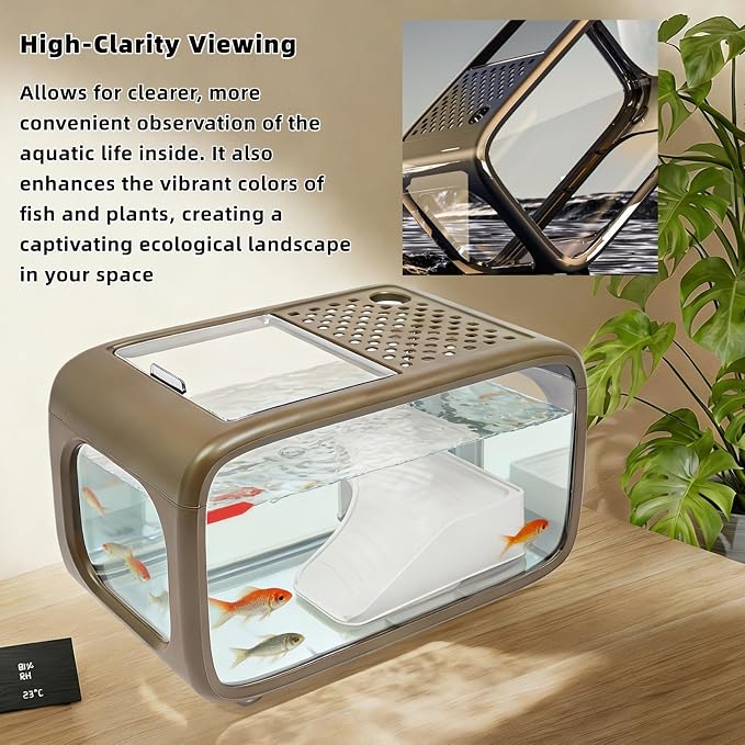 Desktop Fish Tank, 3.2 Gallon Fish Aquarium Kit with Top Feeding Hole, High-Clarity Fish Bowl for Aquatic Animals Shrimp Guppy Goldfish Turtle, 15.7" L x 8.9" W x 10" H (Brown)
