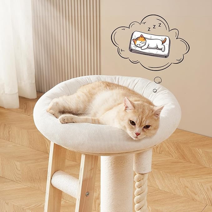 Modern Cat Tree Small Tower with Scratching Post for Indoor, Solid Wood Multifunctional Corner Cat Tree Tower with Bed