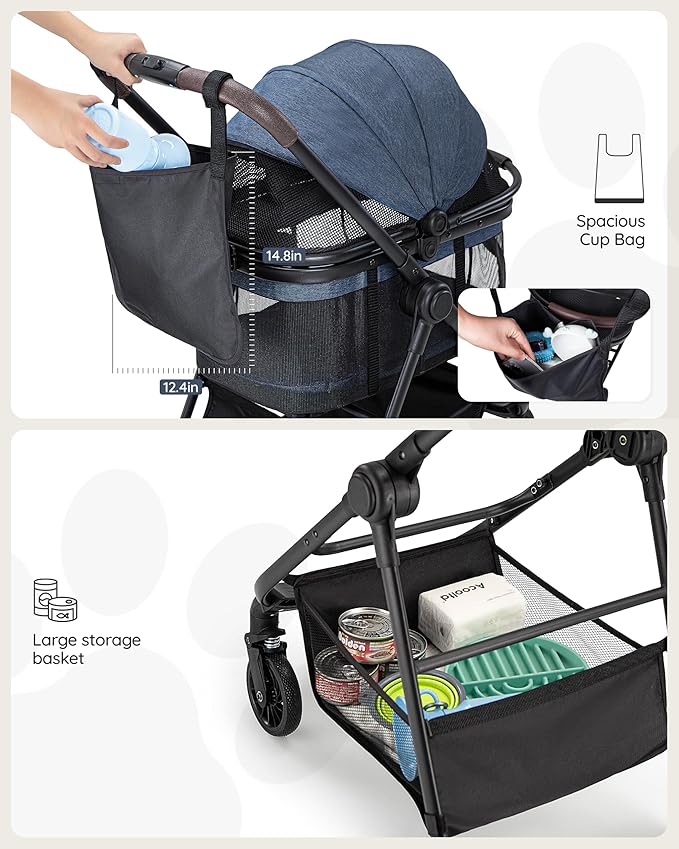 3 in 1 Pet Carrier Stroller with Detachable Carrier, Foldable Dog & Cat Stroller for Small/Medium Dogs up to 33 lbs, Large Storage Bag, Full Window Mesh, One-Touch Dual Brake, Car Seat