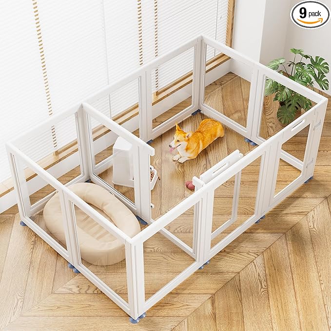 Clear Acrylic Dog Playpen Transparent Dog Playpen Indoor, Easy Assemble Clear Pet Pen for Puppy Bunny Cat Pig, Sturdy & Easy Cleaning Plastic Dog Puppy Fence
