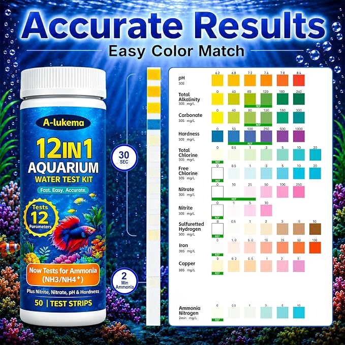 12-in-1 Aquarium Test Strips for Ammonia, 50ct Fish Tank Water Testing Kit | Aquarium Water Test Kit, Fish Tank Test Strips and Water Test Kit for Fish Tank; Detects Hydrogen Sulfide, Nitrate and More