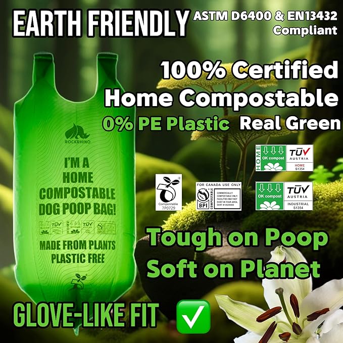 Ultra Thick & Deep RockRhino Dog Poop Bags for Large & XL Breeds | 4-Layer Interlocked Bottom | 100% Home Compostable, 0% Plastic | Vanilla-Scented | 60 Bags, Easy Open Tie Handles, Not for Scooper