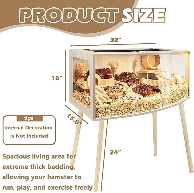 Prolee Hamster Cage with Curved Design,Chew Proof Wooden Hamsters Enclosure with Leg Stand and Openable Top or Gerbils,Hamster Habitat (32"x16"x16")