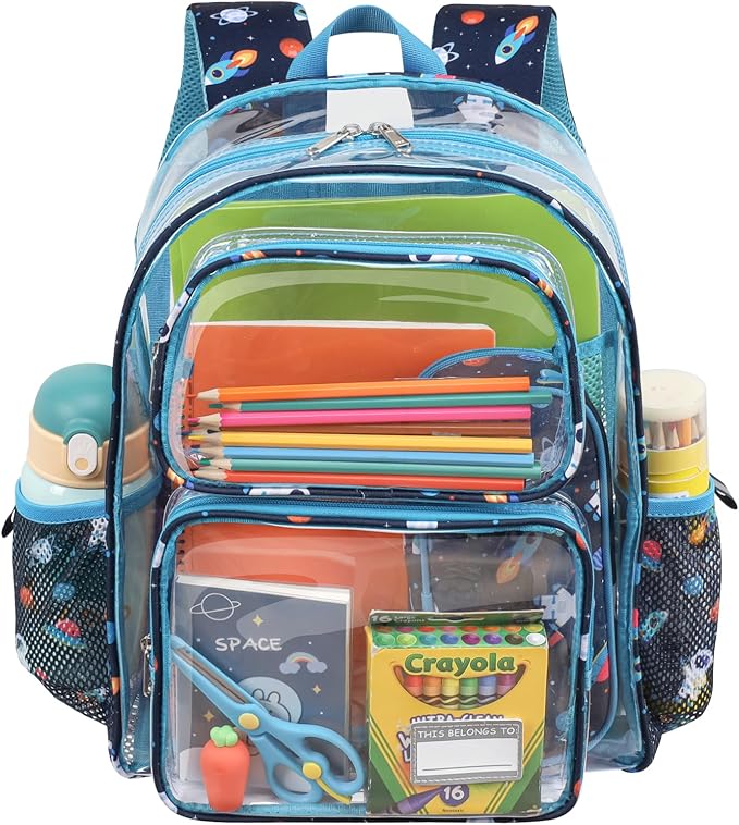 Clear Backpack for Boys, 15 Inch Heavy Duty Transparent Bookbag for Kindergarten to 2nd Grade, PVC See Through Daypack with Reflective Straps, Fits Standard Folders, Blue Space Astronauts