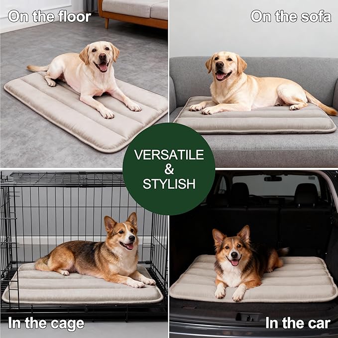 Dog Bed Mat, Reversible Dog Crate Pad with Washable Kennel Mat and Soft Foam, Flat Pet Bed for Dogs & Cats, for Crates Carriers & Travel (Light Brown, 34" L*20" W*1.5" Th)