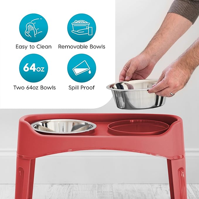 IRIS USA Elevated Dog Bowls Adjustable Stand, Raised Feeding Station with 2 Stainless Steel 64 oz Bowls, Spill Guard, Dual Height 12.25" or 4.63", Made in USA, Red