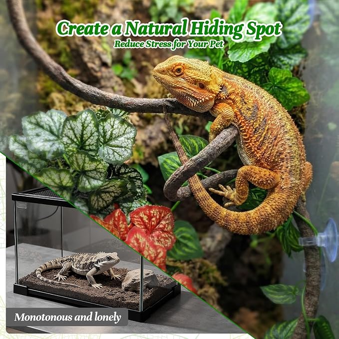 5 Pc Reptile Plants & Habitat Decor Kit - 3 Artificial Plants & Large 3.3ft Jungle Vine Branch, Amphibian Habitat Hideout Decor Accessories for Crested Gecko, Bearded Dragon, Lizard, Snake,Hermit Crab