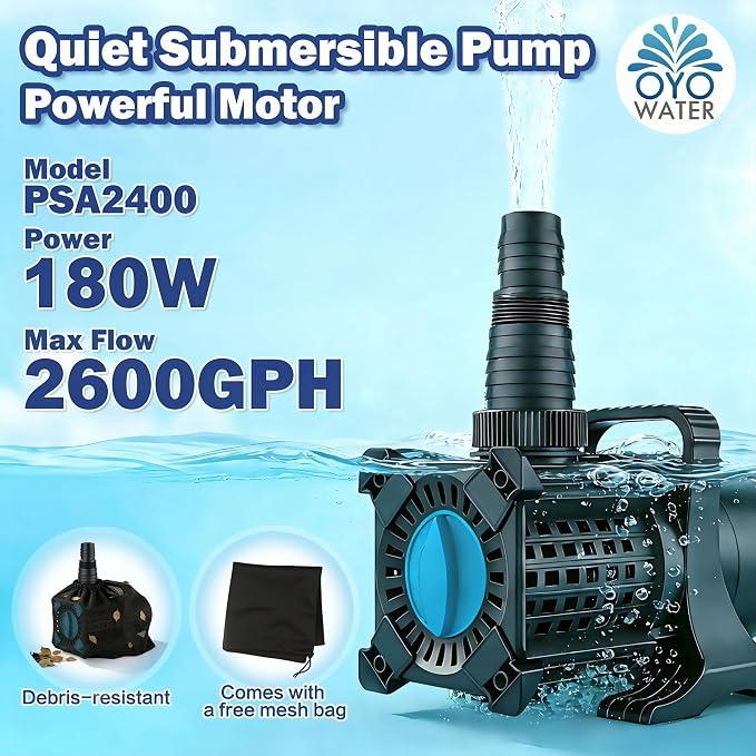 Pond Pump, 2400 GPH Adjustable Flow Submersible Water Pump with Filter Bag, UL Listed Copper Motor, IPX8 Waterproof 20.3ft Cord for Koi Pond, Fountain, Waterfall, Hydroponics, Irrigation