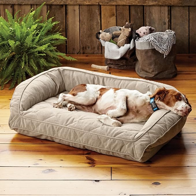 Orvis Comfort Fill-Eco Couch Dog Bed – Plush Three-Sided Bolster with Comfort Fill-Eco Cushion, Quilted Cover, Zip-Off & Machine Washable, Heathered Khaki - X-Large