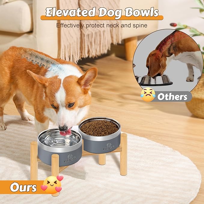UPSKY Elevated Dog Bowls – 27oz Stainless Steel Anti-Spill Set with Wooden Stand, Double Raised Bowls for Small/Medium Dogs to Reduce Neck Strain & Improve Digestion
