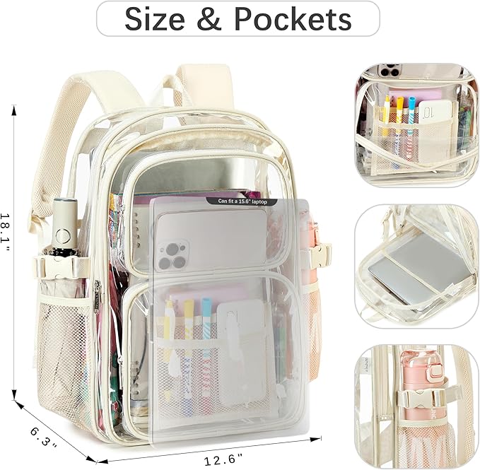 abshoo Large Heavy Duty Girls Clear Backpack for School Bookbag Transparent Multi Pocket Backpacks for Women (Beige)