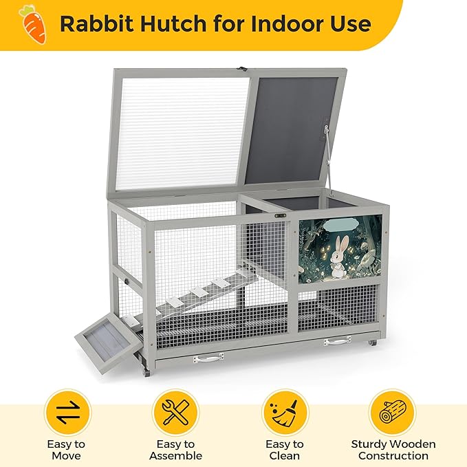 COZIWOW 36.5-Inch Double-Decker Wooden Insulated Rabbit Hutch with Wheels, Heated Rabbit Cage Featuring A Cleaning Tray and Ladder—Stylish&Easy to Assemble（Orange&Air Purifier）