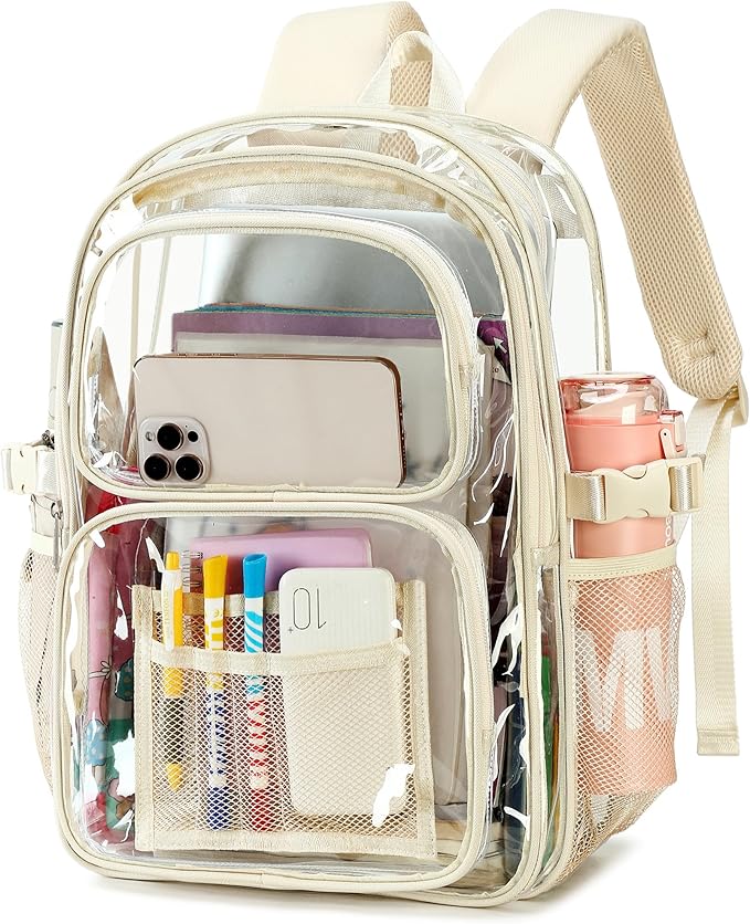abshoo Large Heavy Duty Girls Clear Backpack for School Bookbag Transparent Multi Pocket Backpacks for Women (Beige)