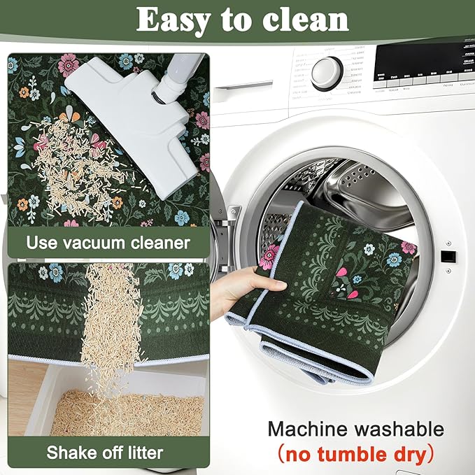 Bienbee Cat Litter Mat, 2PCS 33"x22" Machine Washable Litters Box Mats Non-Slip &Waterproof Cat Litters Trapping Mats Easy to Clean Mat for Litter Box Less Waste Protects Floors Dark Green L