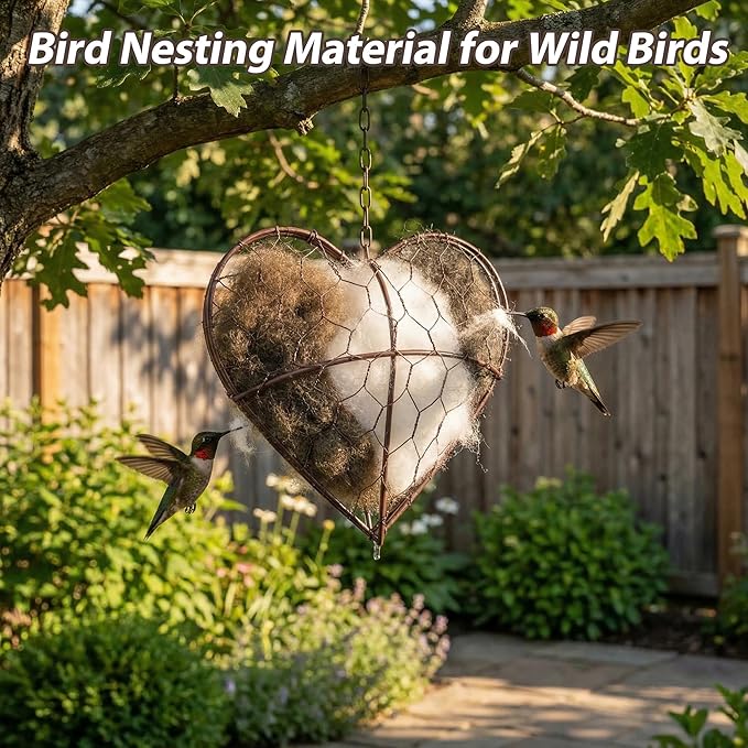 Alpaca Fiber Bird Nesting Heart - Refillable Bird Nesting Material Holder for Wild Birds, Hummingbird Nesting Material, Heart Shaped Nesting Material for Birds, Outdoor Garden Decor