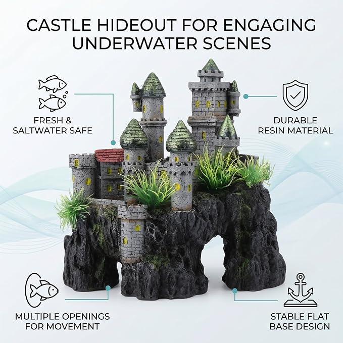 Aquarium Castle Decoration, Majestic Resin Fish Hideaway Ornament for Fish Tank Gray Large 7.09 x 3.94 x 7.48 in 1 Piece