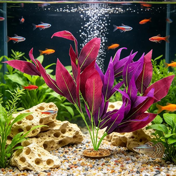 2PCS Silk Aquarium Plants, 14In Purple Silk Fish Tank Plants Decorations