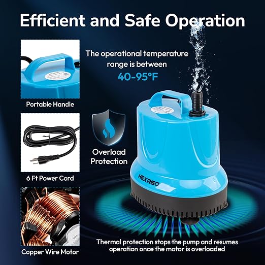Hexago 800GPH Submersible Water Pump, 100W High Flow Sump Pump with 11FT Max Lift, Quiet Pond Pump for Waterfall, Outdoor Fountain, Hydroponics, Aquarium, Fish Tank