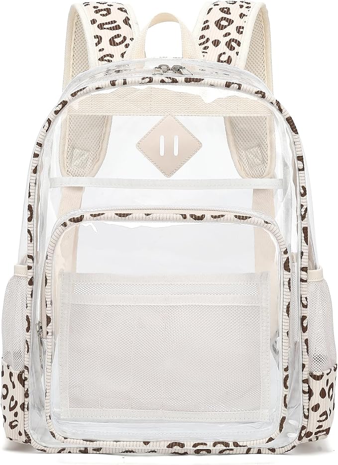Clear Backpack for Girls Women School Bookbag Heavy Duty Transparent Backpacks (Beige Corduroy Leopard)
