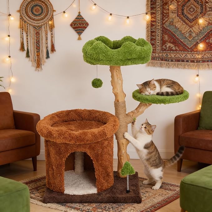 32" Multi-Level Cat Tree Tower, Natural Wood Cat Furniture with Sisal Scratching Posts, Beds & Condo, Cute Cat Tree for Indoor Cats and Multi-Cat Households