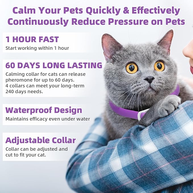 Calming Collar for Cats: Pheromone Cat Calming Collar Cat,Adjustable Size Water Resistant,Efficiently Reduces Anxiety & Stress for 60 Days (4 Pack)