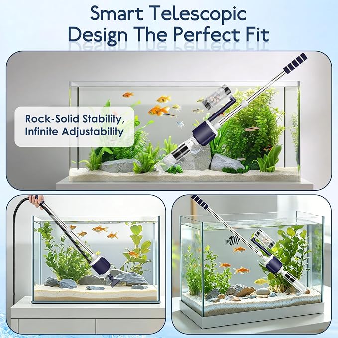 AQQA 600 GPH Electric Aquarium Gravel Cleaner 6-in-1 Fish Tank Vacuum | Cleaner & Water Changer with Stainless Steel Handle & 3-Stage Filter Cup for Turtle Tanks, Adjustable Flow 34W