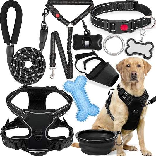 No Pull Dog Harness Adjustable Collar & Leash Set - Dog Halter Harnesses Collapsible Bowls & Poop Bag Dispenser Muzzle ID Tags Toys Fits Small Medium Large Dogs (Black-XL)