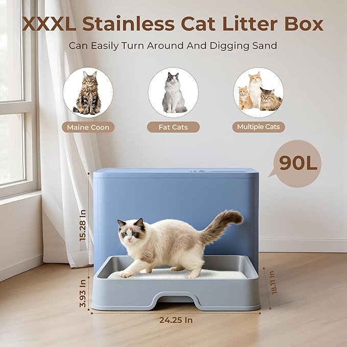 XXXL Stainless Steel Litter Box with Lid, Front Entry Top Exit, Extra Large Metal Cat Litter Box with Drawer, Maine Coon Cats, with Litter Scoop & Litter Mat, Anti-Odor, Anti-Leakage & Non-Stick