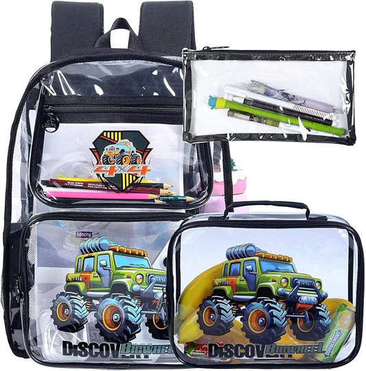 AGSDON 3PCS Clear Backpack for Boys,16" Truck Transparent Bookbag Heavy Duty, Cute See Through Backpacks with Lunch Bag