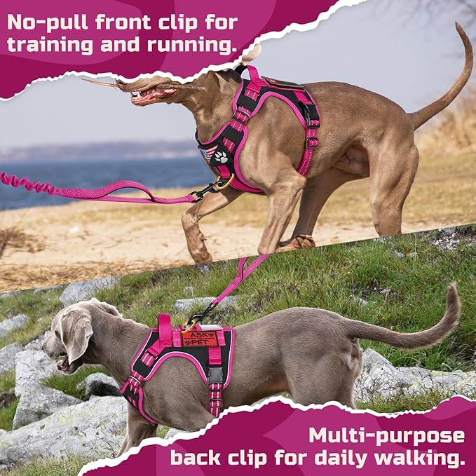 rabbitgoo Tactical Dog Harness for Large Dogs, No Pull Military Service Vest with Handle & Molle, Easy Control for Training Walking, Adjustable Reflective Straps, Black & Rose Red, L