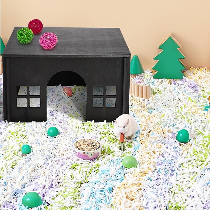 Wooden Hamster Hideout, Guinea Pig House with Soft Mat Windows, Detachable Small Pets Woodland House Decor for Chinchilla Mice Gerbils Mouse Dwarf