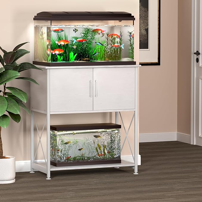 Herture 20-29 Gallon Aquarium Stand Metal Frame Fish Tank Stand with Cabinet Storage, for 20 Gallon Long Aquarium,30.7" L*16.5" W Tabletop,330LBS Capacity White PG01YGW