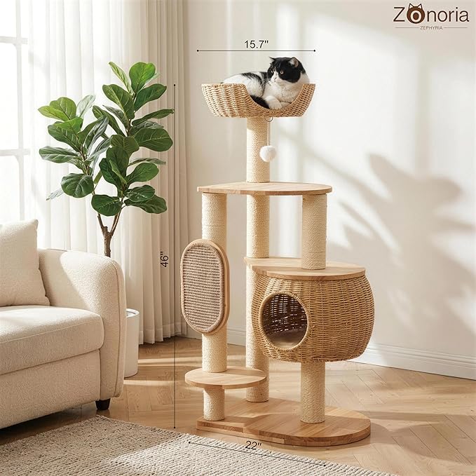 Modern Cat Tree，Cat Tower with Scratching Post, Handwoven Pumpkin Nests and Baskets,Sisal Blanket