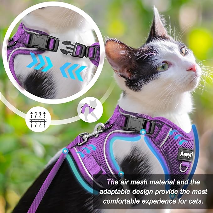 Cat Harness and Leash for Walking, The Upgrade Can be Adjusted in Four Directions and Breathable Cat Harness for Anti Escape that can be Fitted and Positioned, Reflective Strips Harness, Purple, XS