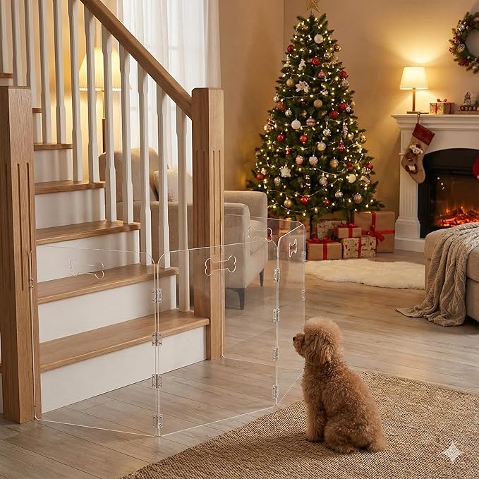 Acrylic Dog Playpen for House, Pre-Assembled Foldable Clear Gate Indoor with Handles, Free-Standing Pet Fence for Doorways for Small Dogs Puppy Cat Rabbit (4-Panel)
