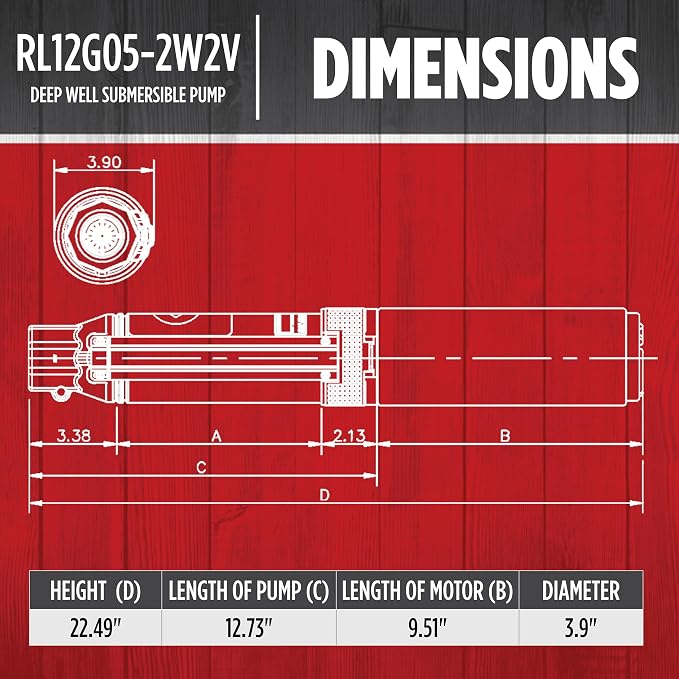 Red Lion RL12G05-2W2V Submersible Well Pump, 1/2 HP, 2-Wire, 230V, 12 GPM | For 4" or larger wells, Dependable performance for depths to 120', Steel casing with thermoplastic discharge, 14942402