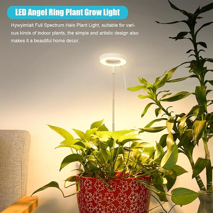 Halo Ring Grow Lights for Small Indoor Plants, Warm+White 48LEDs Full Spectrum Plant Light, Height Adjustable with 5V 2A Adapter, 3/9/12H Timer, 3 Spectral Modes, 10 Dimmable Levels, Angel Ring 1 Pack