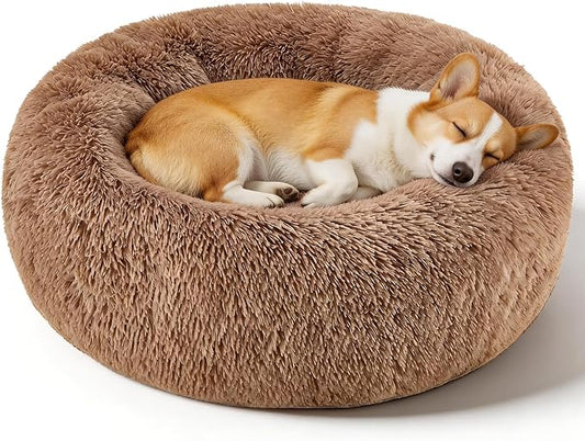 Dog Calming Beds for Small Medium Large Dogs - Round Donut Washable Puppy Dog Bed, Anti-Slip Faux Fur Fluffy Donut Cuddle Anxiety Cat Pet Bed(32'' Khaki