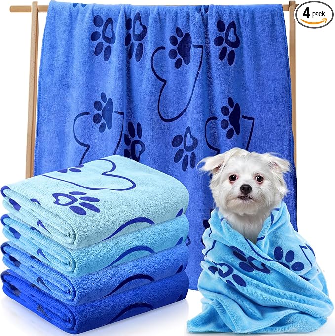 Fanfanwin 4 Pcs Dog Bath Towels Microfiber Drying Dog Towel Absorbent Pet Heart Paw Towels for Medium Dogs Puppy Cats Pets Shower(Blue)