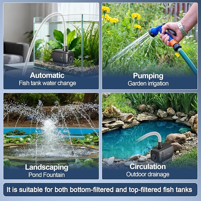 hygger 2-in-1 1060GPH Submersible Pump 65W,Side and Bottom Suction Fountain Water Pump with 13ft High Lift,Quick Water Change with 4 Interchangeable Nozzles for Aquarium, Fish Tank, Hydroponics,Pond