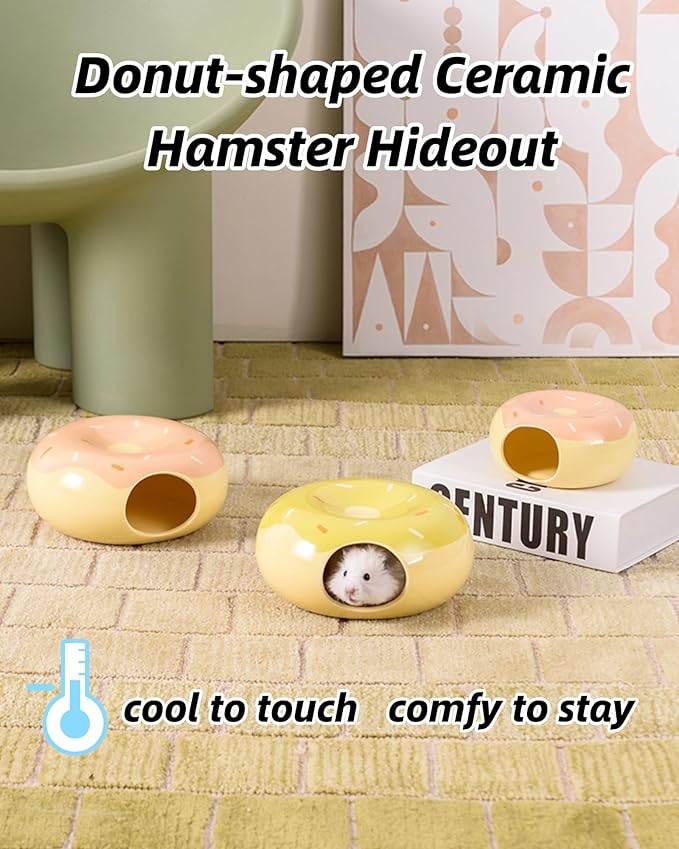 Hamster Hideout Ceramic,Small Pet Furniture,Donut-Shaped Small Pet Cage Cooling House,Summer Cage Accessories (Pink,M)
