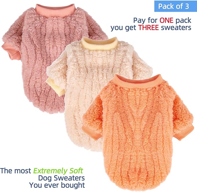 FabriCastle Small Dog Sweaters, 3-Pack Dog Clothes for Small Dogs Girl & Cats, Ultra Soft and Warm Pet Coats XXS - XXL, Winter Pet Jackets, Doggy Apparel Costumes Outfits (Ivory,Pink,Coral, Medium)